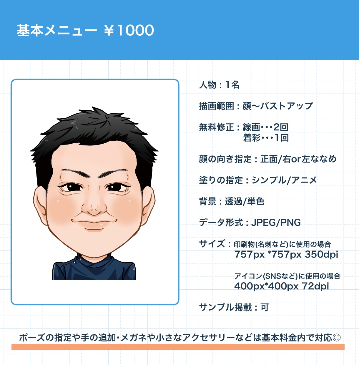 リアル風ポップな似顔絵お描きします 商用◎人柄を伝えるビジネスシーンにぴったりな似顔絵です！ イメージ3