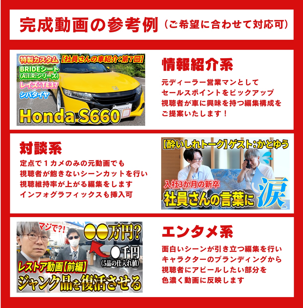 伝わる・面白い動画編集をお探しの方はご対応致します 実績300件以上！ご希望ジャンルに合わせて作成いたします！ イメージ2