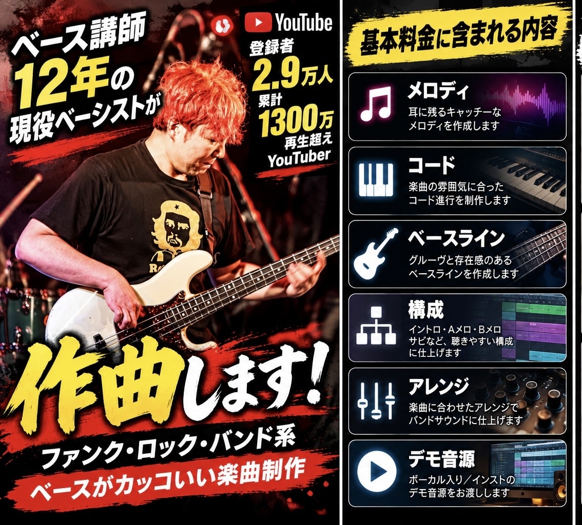 ベース講師12年の現役ベーシストが作曲します ファンク・ロック・バンド系｜ベースがカッコいい楽曲制作 イメージ3