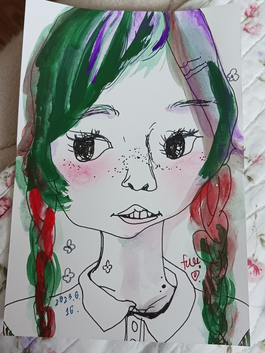 線画とヘアカラーで女の子絵ﾎﾟｽﾄｶｰﾄﾞ描きます 黒線の線画にヘアカラーをアクセントにした画風ｼﾘｰｽﾞです. イメージ1