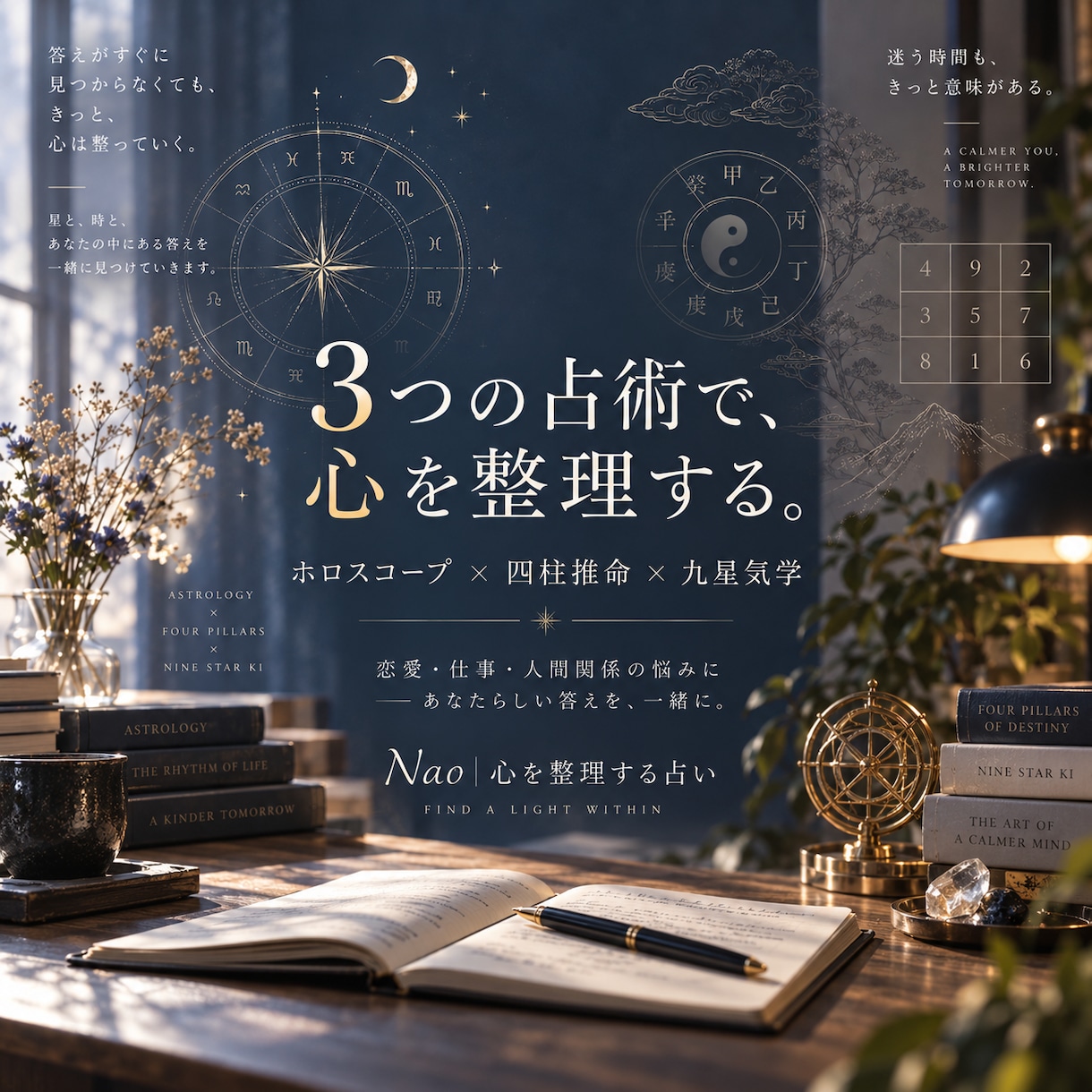 ホロスコープ×四柱推命×九星気学で丁寧に鑑定します 恋愛・仕事・人生の悩みを3つの占術で整理します イメージ1