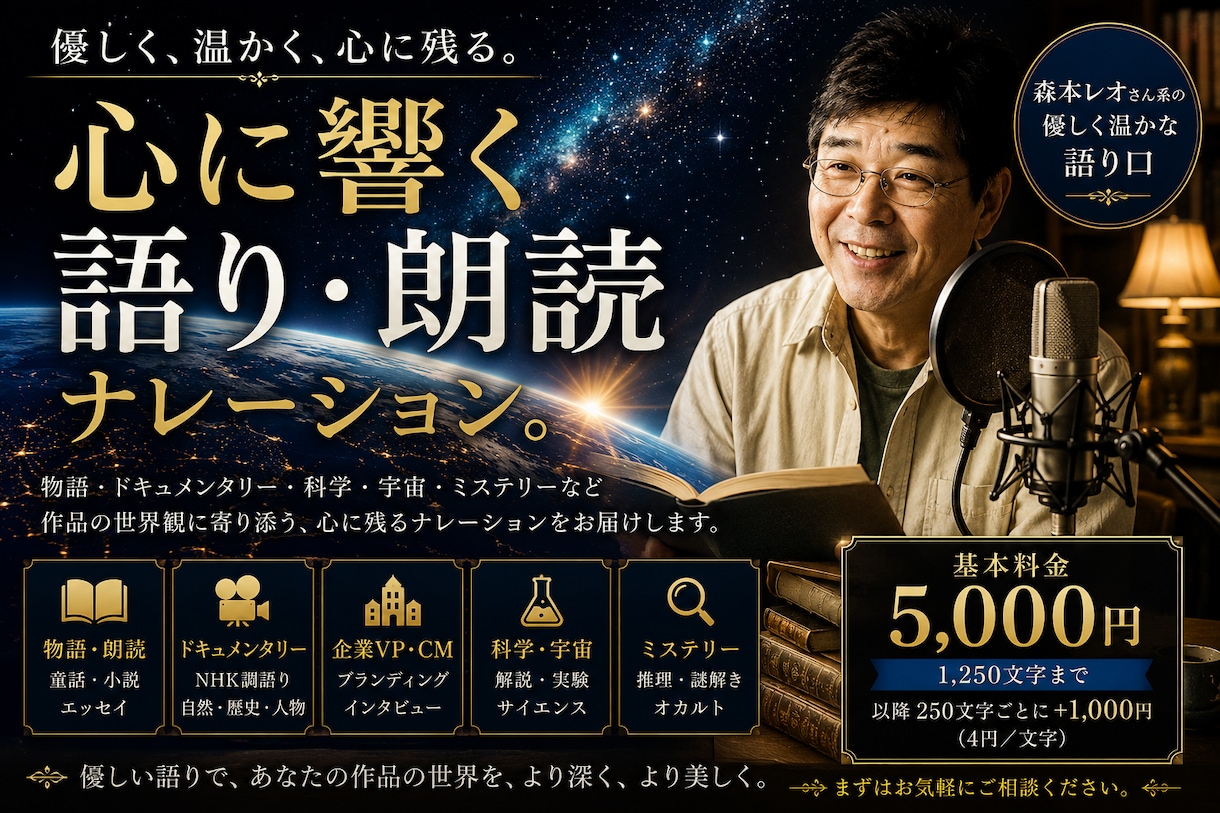 優しく心に響く語り・朗読ナレーションをお届します ドキュメンタリー/物語/企業VP/科学ミステリーまで対応 イメージ1