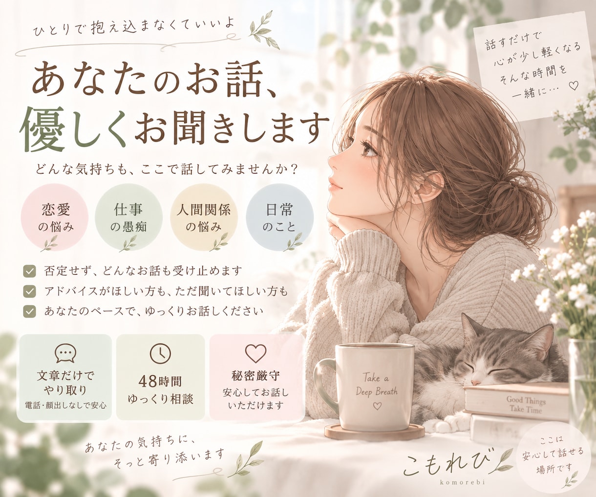 チャットでお悩みを優しくお聞きします 否定せず、あなたの気持ちにそっと寄り添います イメージ1