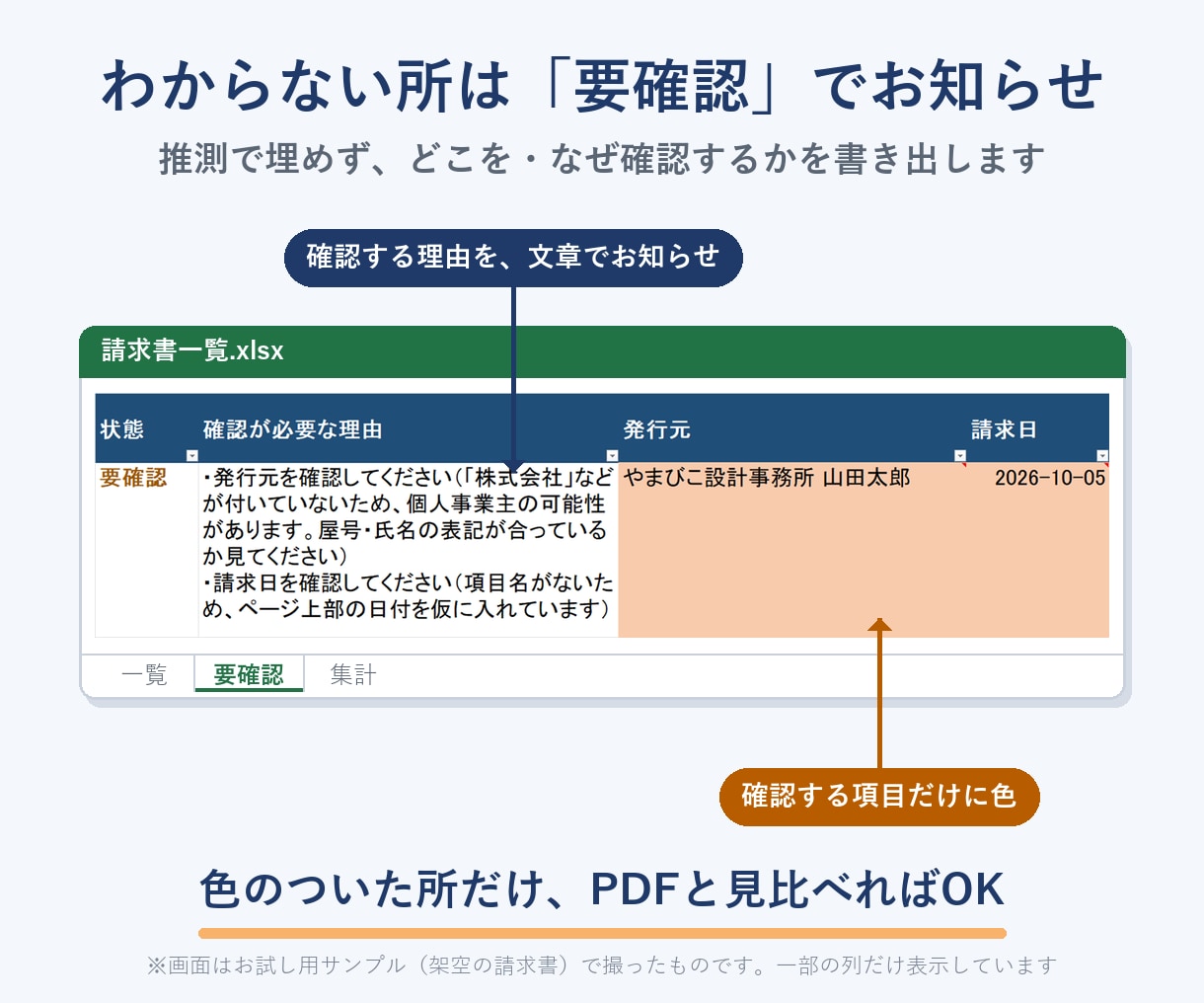 請求書PDF→Excelに自動で一括集計できます 購入前に、御社の請求書で読めるか無料でお試しします イメージ3