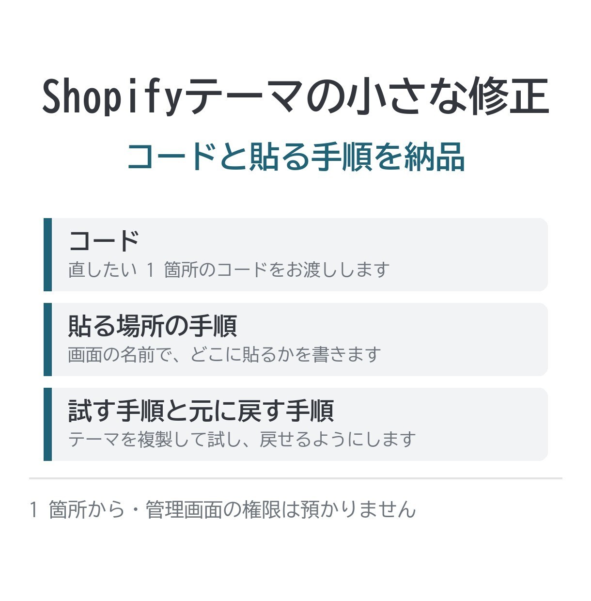 Shopifyテーマの小さな修正コードを作ります 5,000円|1箇所から・権限の預かりなし・文章で納品 イメージ1
