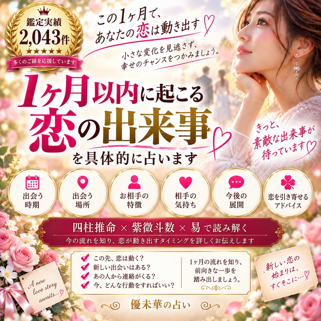 1ヶ月以内に起こる恋の出来事を占います 出会う時期・場所・お相手の特徴まで具体的に読み解きます イメージ1