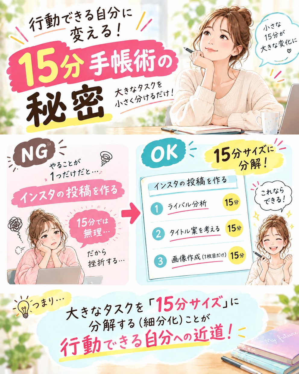 文章を送るだけ！インスタ図解にします 文章整理×女性向けデザイン！要点をパッと伝える投稿画像を作成 イメージ4