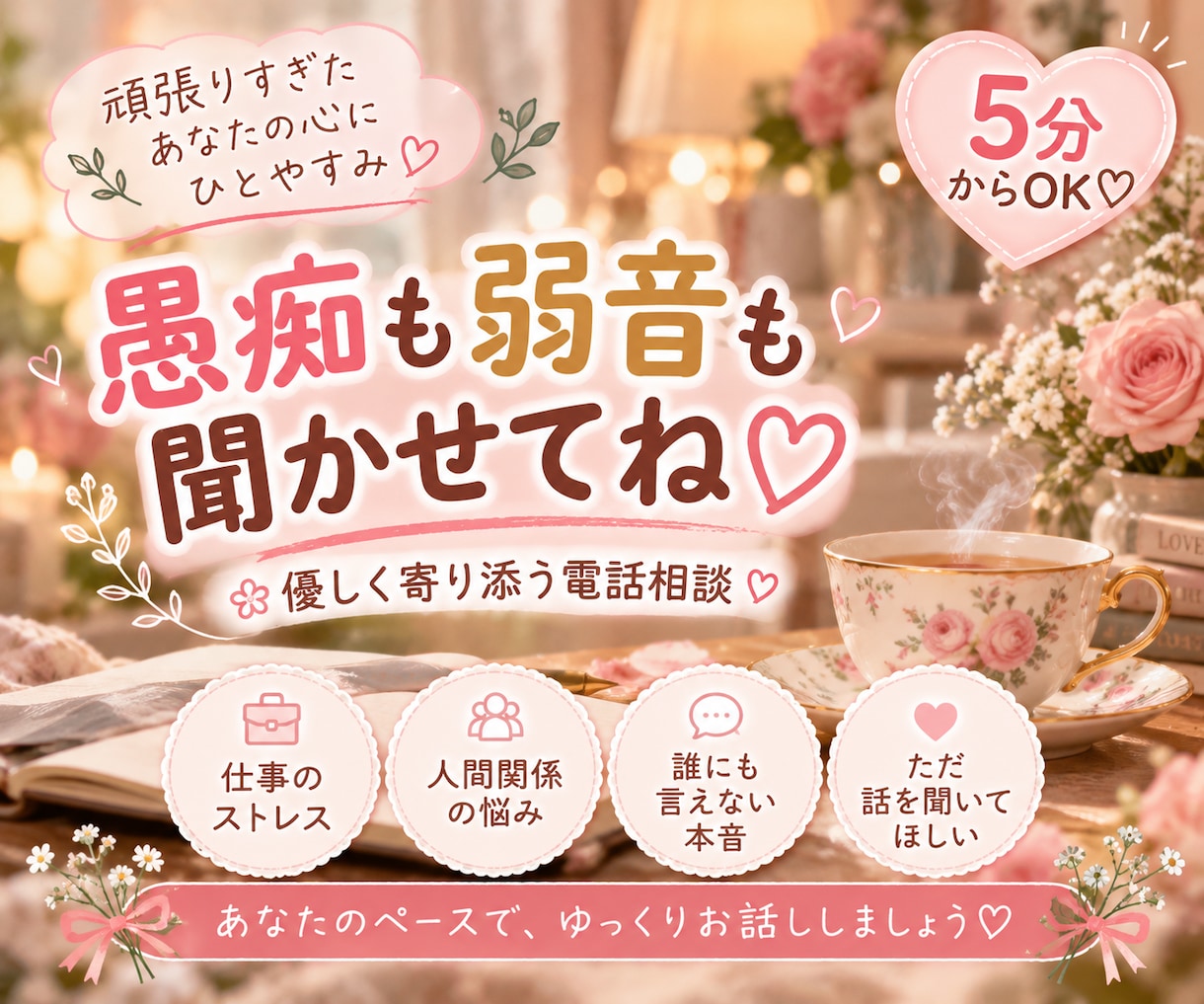 愚痴も弱音も否定せず優しくお聞きします 仕事や人間関係のモヤモヤも♡5分だけでも優しく寄り添います イメージ1