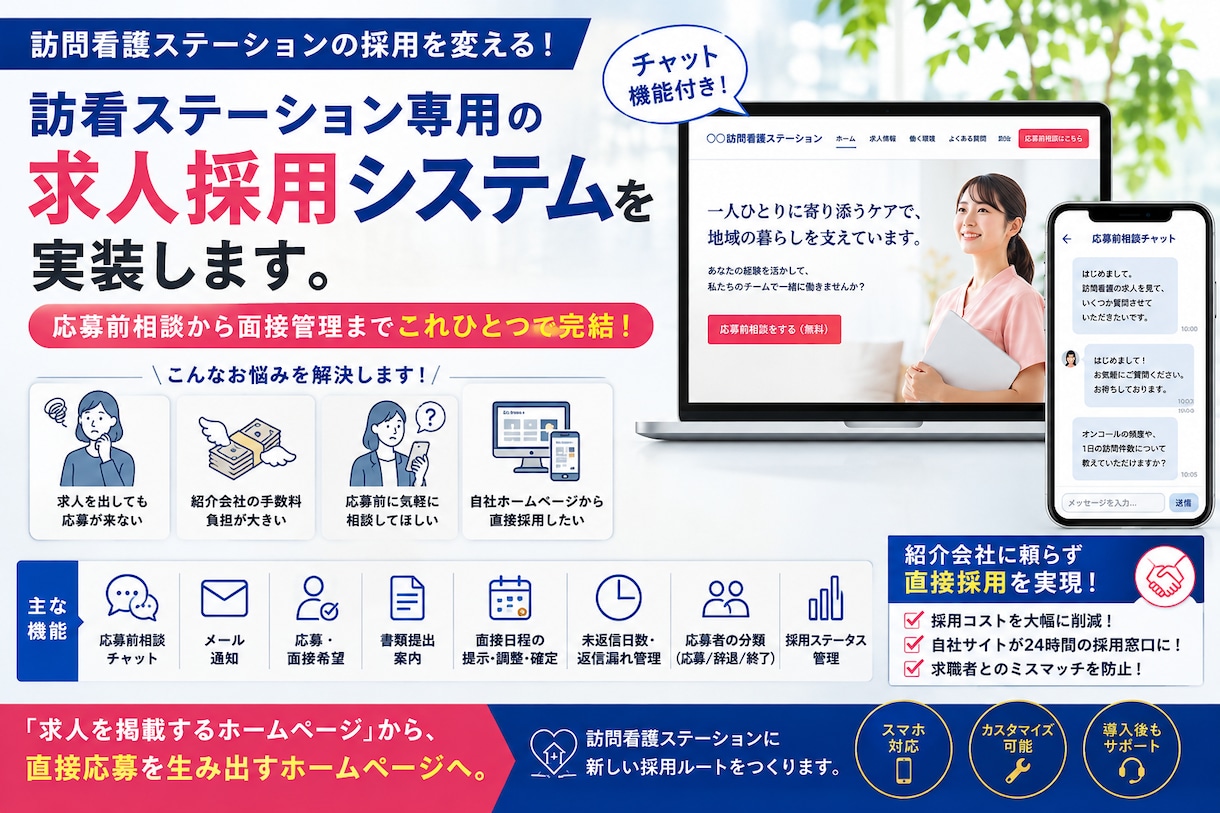 訪看ステーション専用の求人採用システムを実装します チャット機能付き！応募前相談から面接管理までこれひとつで完結 イメージ1
