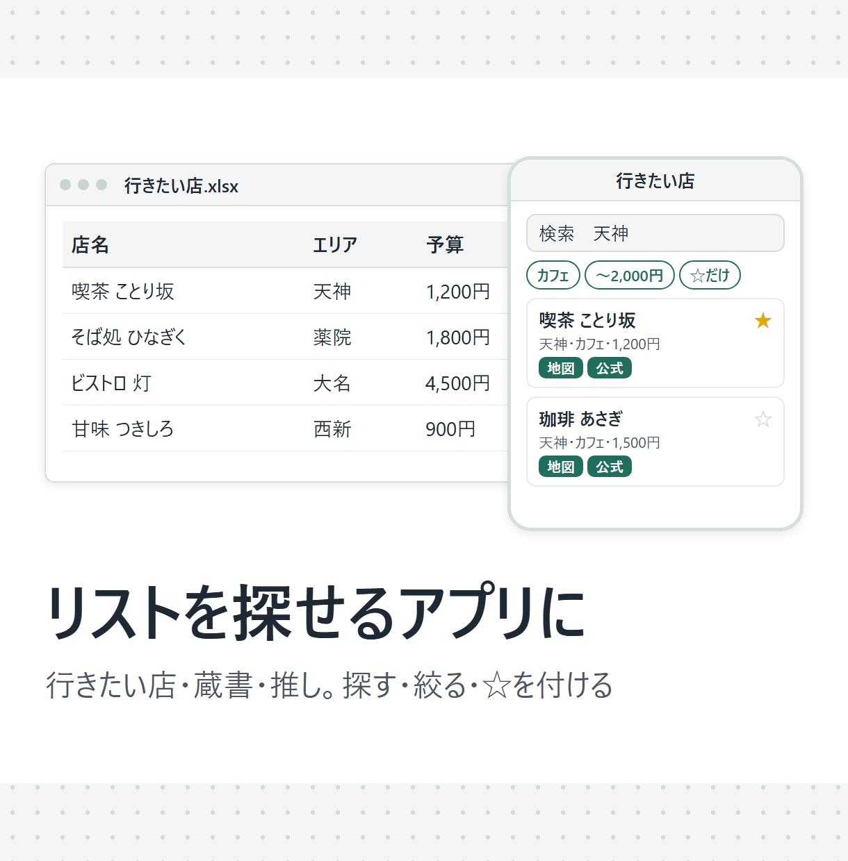 好きなものリストを探せるアプリにします 行きたい店・蔵書・推しの一覧を、スマホで探して絞れる イメージ1
