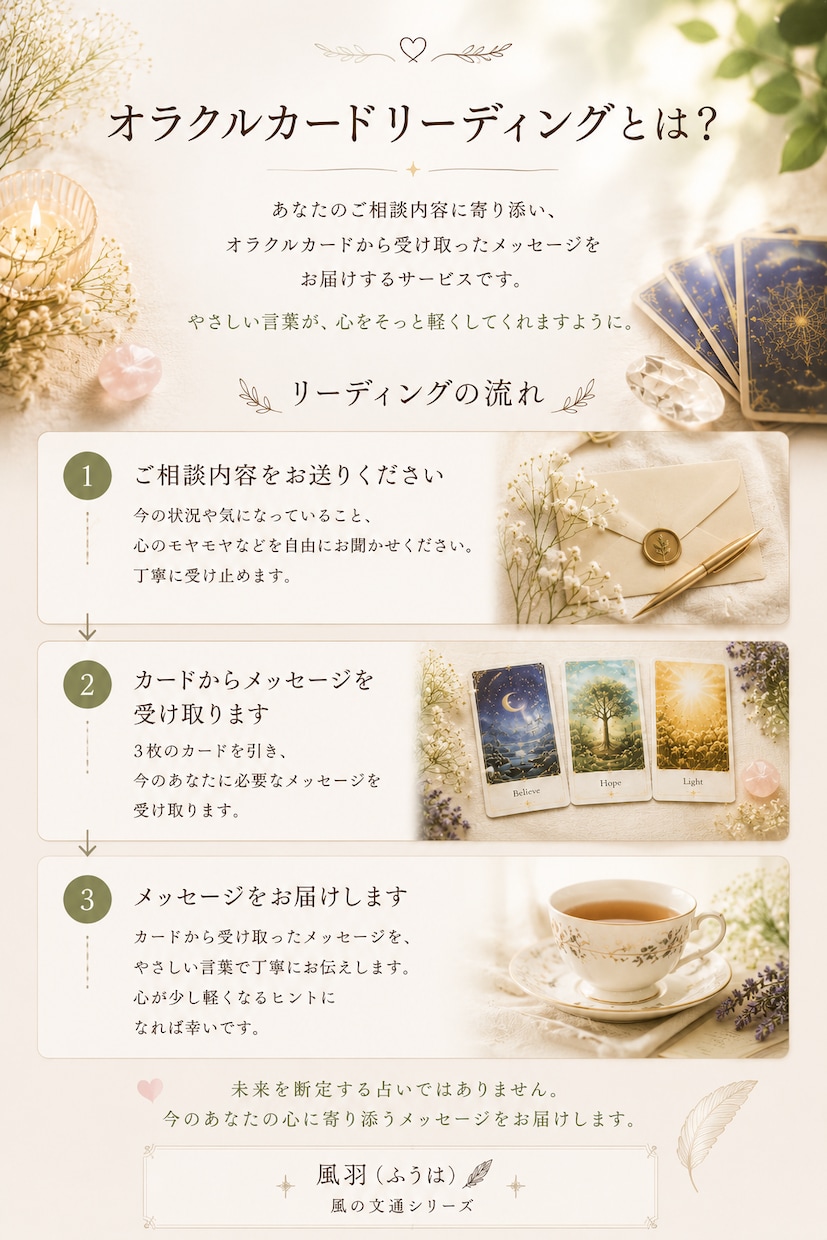 オラクルカードで心に風を届けます 悩んだ時、迷った時、心にそっと風を届けます。 イメージ2