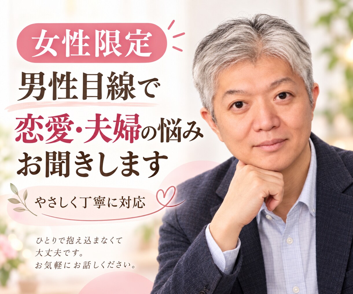 女性限定｜男性目線で恋愛・夫婦の悩みをお聞きします 「男性はどう思ってる？」その疑問、優しく率直にお答えします。 イメージ1