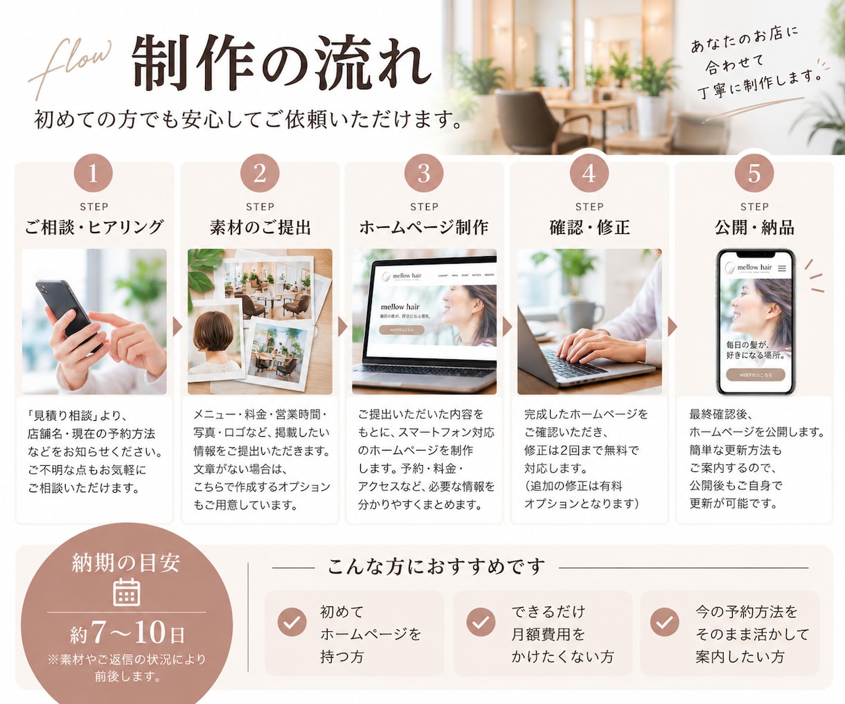 月額0円で美容室・サロンのホームページを作ります 今のお店の予約方法を活かして見返しやすいHPにします イメージ5