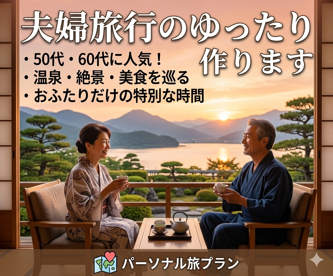 夫婦旅行のゆったり旅プランを作ります 大人の自由旅。無理しない安心プランをご提案します。 イメージ1