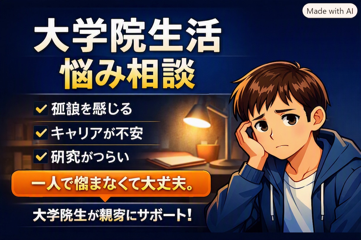 大学院生活の悩み相談｜孤独・キャリア不安・研究ます 大学院生活の孤独や不安に寄り添います。 イメージ1