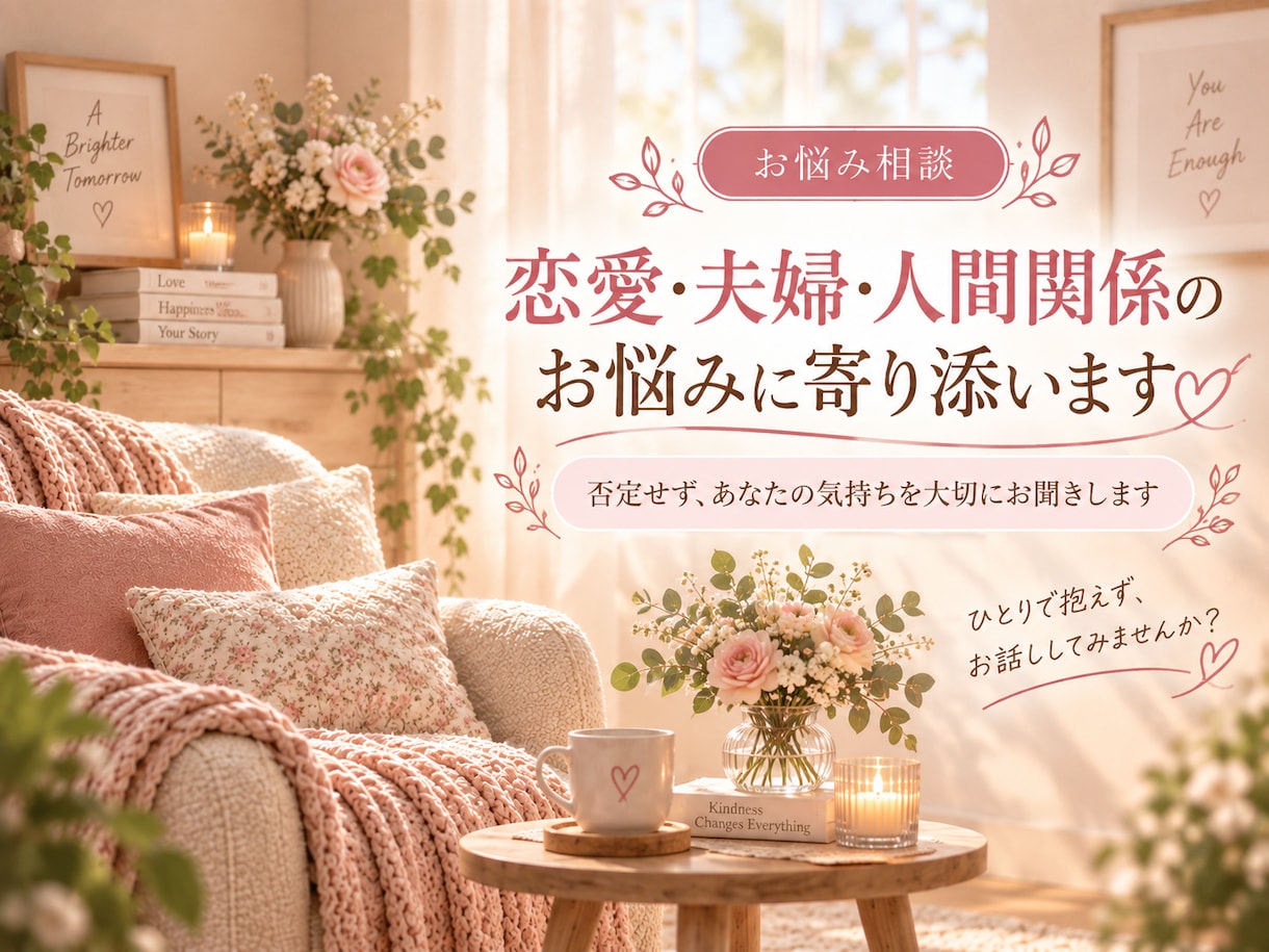 恋愛・夫婦・人間関係のモヤモヤをやさしく聞きます ひとりで抱えがちな恋愛や人間関係の悩みをやさしくお聞きします イメージ1