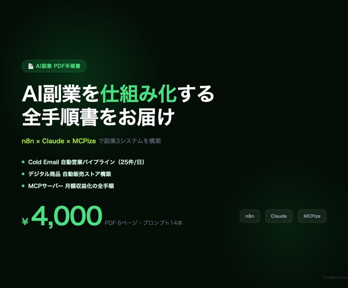 n8n×AI副業自動化の全手順PDFをお届けます n8n×Claude副業3システム全手順プロンプト14本 イメージ1