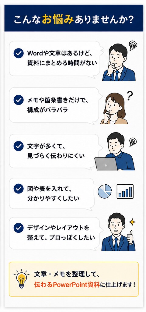 文章メモからPowerPoint資料を作成します 伝えたい内容を整理して、見やすく分かりやすい資料に仕上げます イメージ2