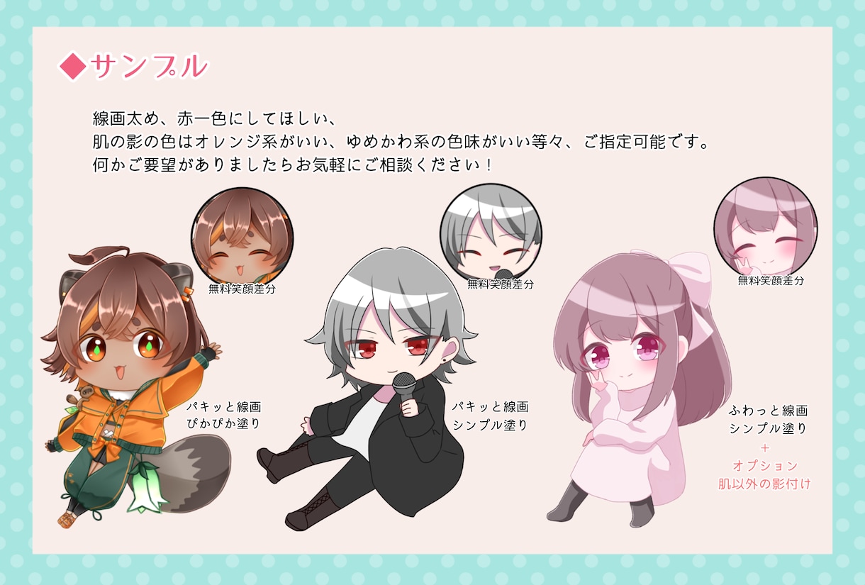 選べる線画＆塗り可愛いミニキャラ描きます 商用利用込！グッズOK！無料笑顔差分付き！ イメージ7