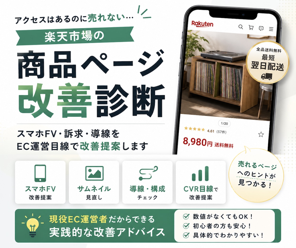 楽天の商品ページ改善点を診断します スマホFV・訴求・導線をEC運営目線で改善提案します イメージ1