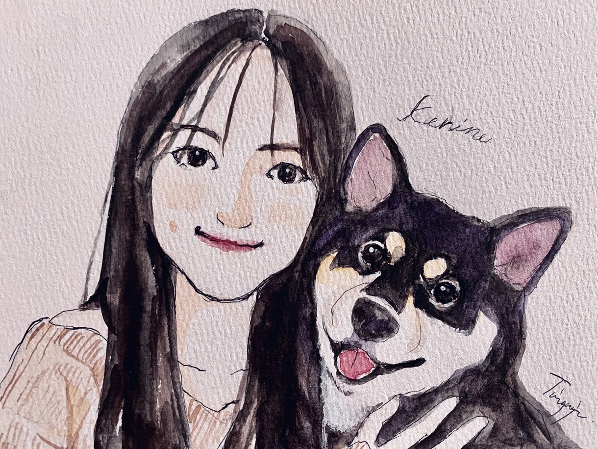ペットは家族。人とペットの似顔絵描きます 水彩画で人とペットの似顔絵を可愛く描きます。 イメージ8