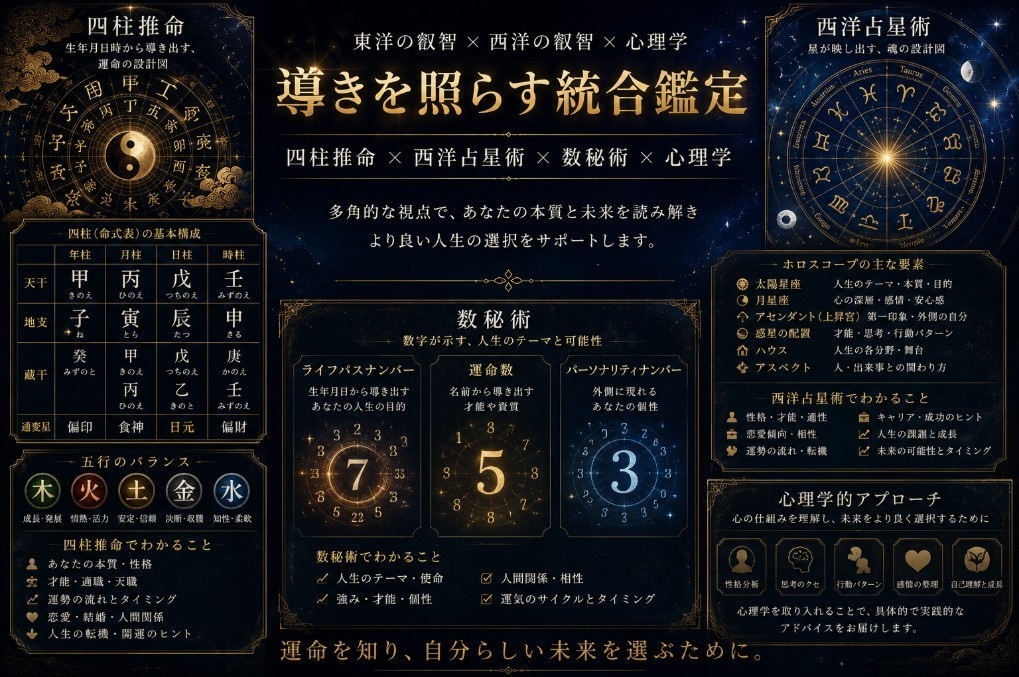 一つの占いでは見えない真実へ。本質を占います 四柱推命 × 西洋占星術 × 心理分析3つの視点で読み解く。 イメージ3