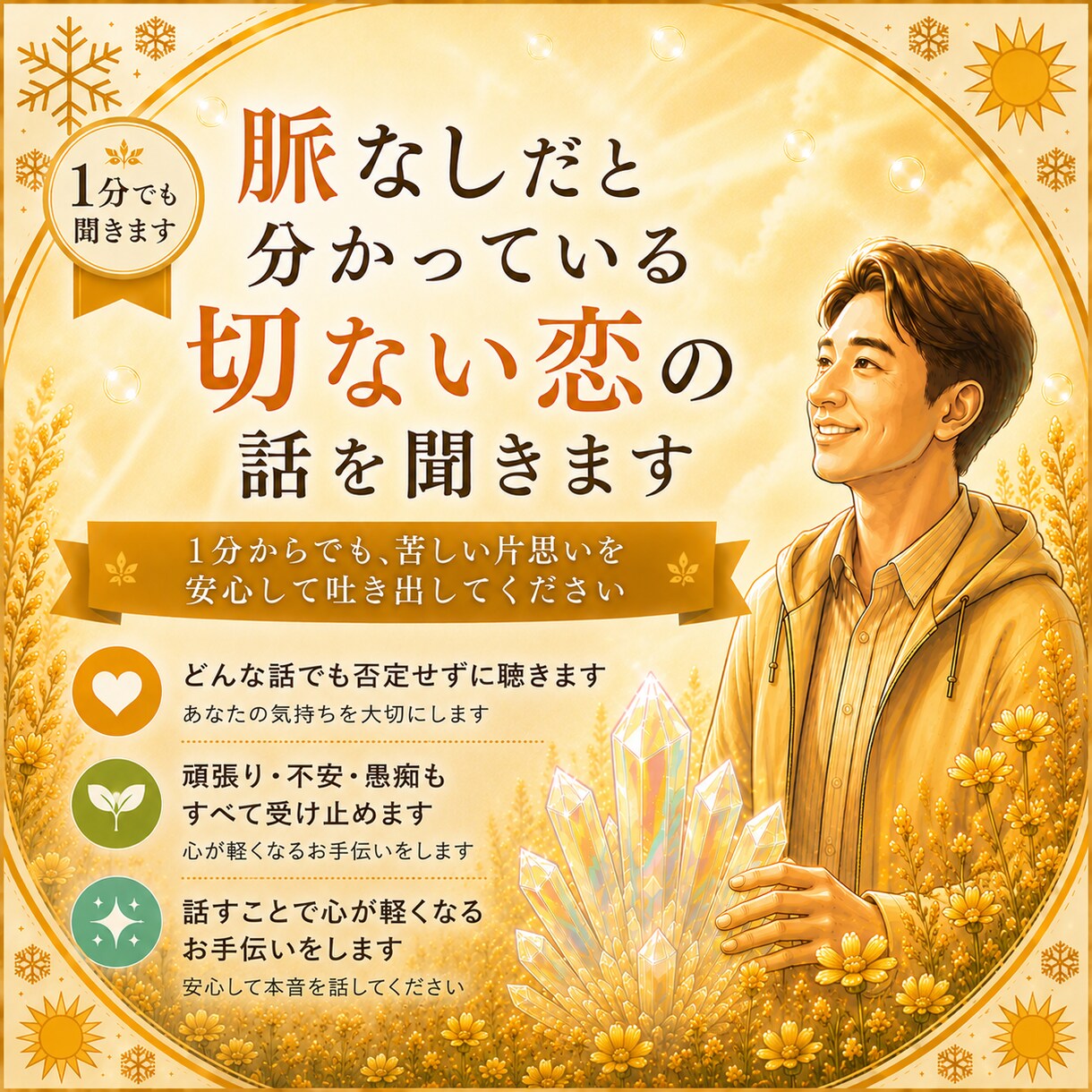 脈なしだと分かっている切ない恋の話を聞きます 1分からでも、苦しい片思いを安心して吐き出してください イメージ1