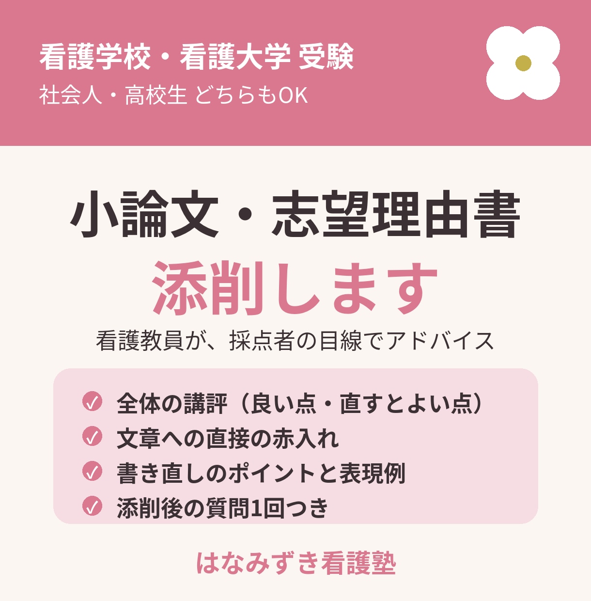 看護学校の小論文・志望理由書を看護教員が添削します 看護教員が、採点者の目線で伝わる書き方を具体的にお伝えします イメージ1