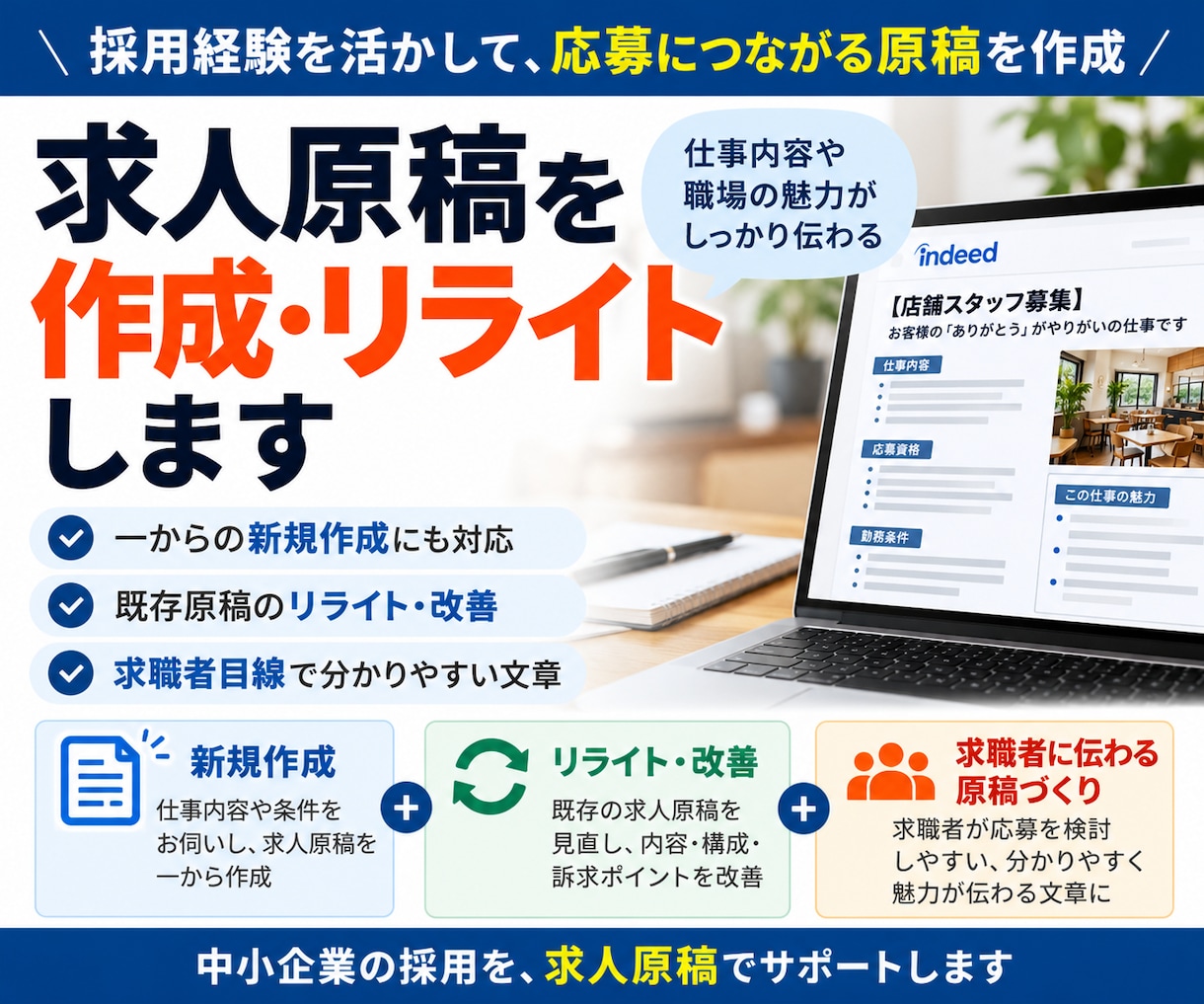 応募につながる求人原稿を作成・改善します 採用経験を活かし、求人の魅力が伝わる原稿を作成 イメージ1