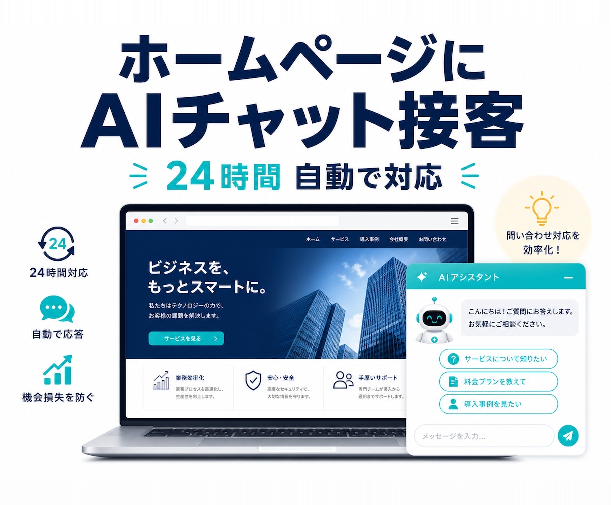 既存HPにAIチャットボットを設置します 24時間“接客”するAIを今あるサイトにそのまま設置 イメージ1