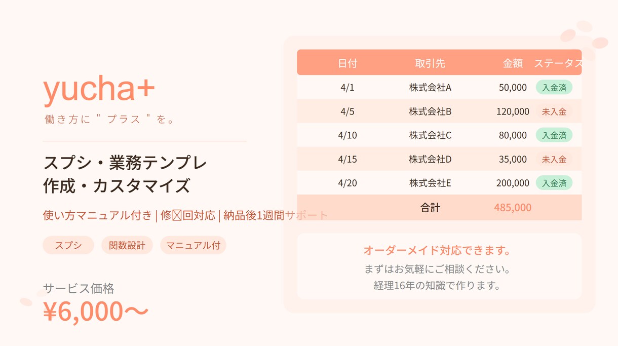 スプシ業務テンプレ作成・カスタマイズします ※使い方マニュアル付※経理16年×スプシで業務をラクにします イメージ1