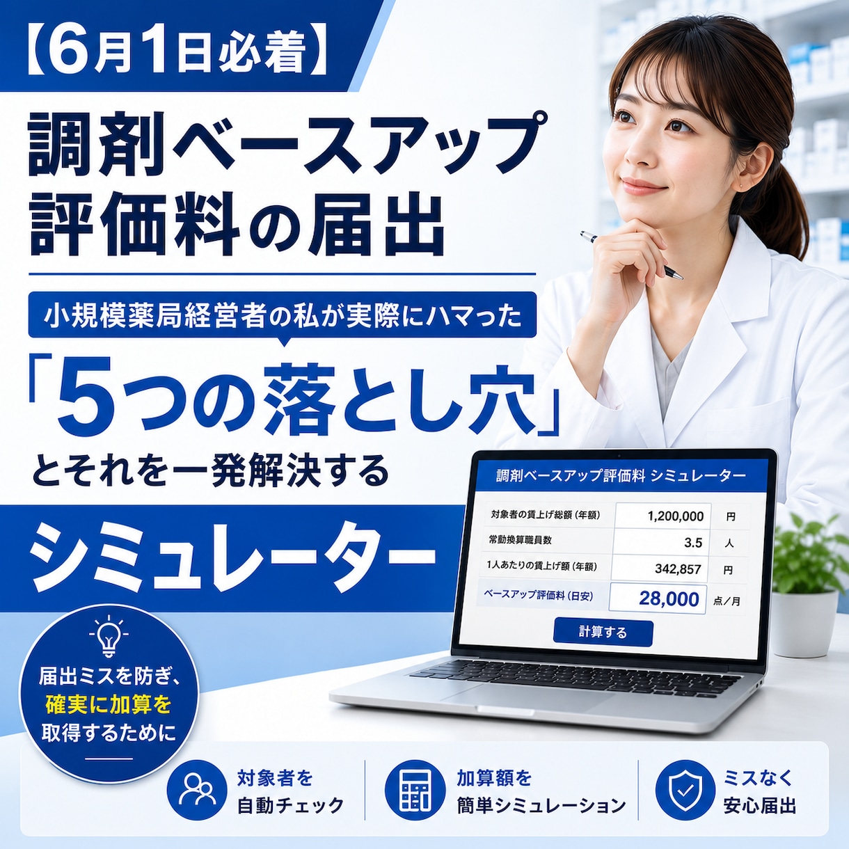 調剤ベースアップ評価料のシミュレーターを提供します 「5つの落とし穴」を一発解決します イメージ1