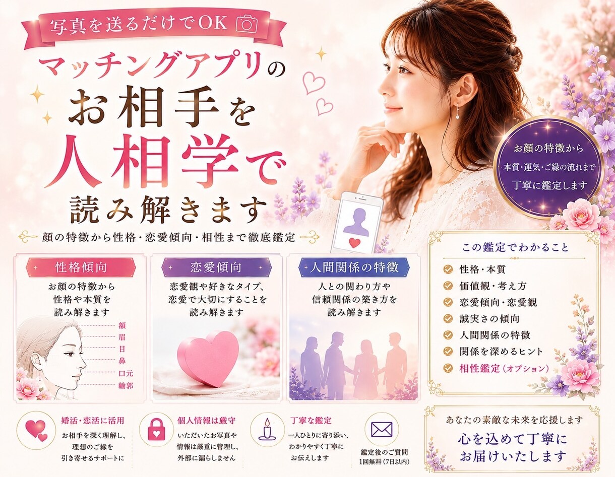 マッチングアプリのお相手を人相学で読み解きます 性格・価値観・恋愛傾向から相性のヒントをお伝えします。 イメージ1