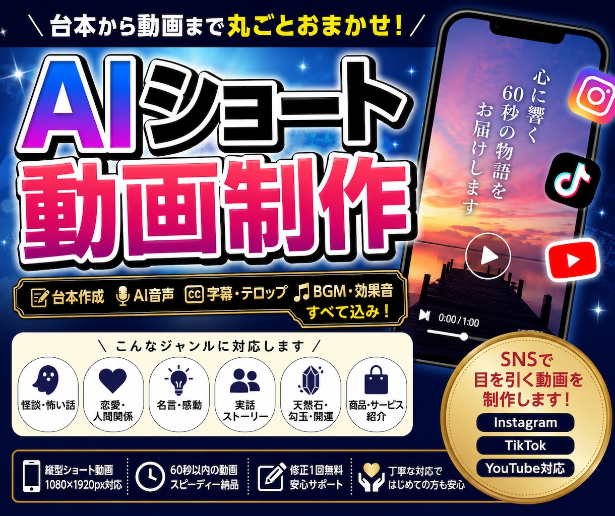 AIショート動画を制作します 台本・AI音声・字幕・BGMまでまとめて対応 イメージ1