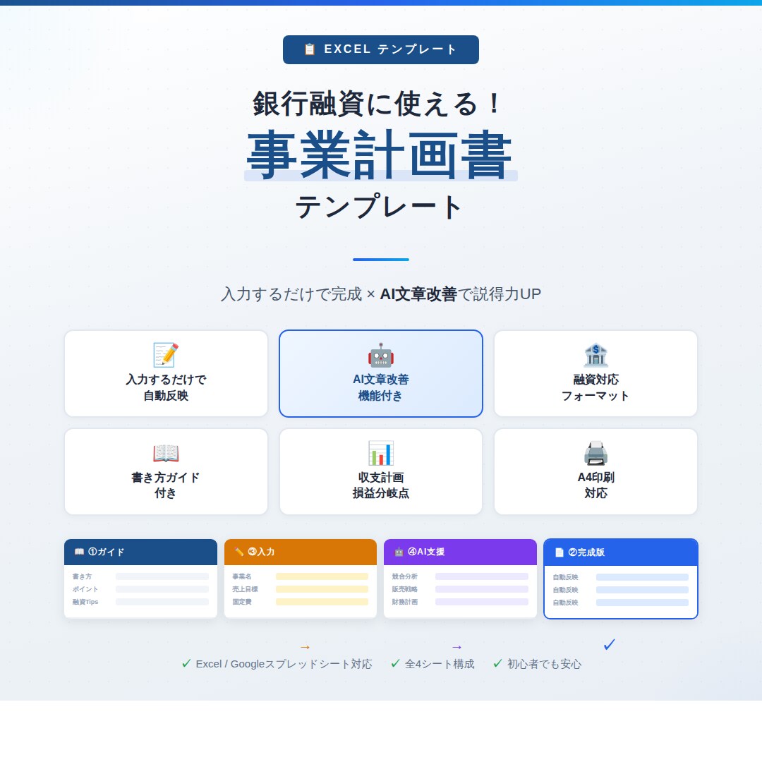 銀行融資に可！【事業計画書】テンプレート渡します AI文章改善機能で、説得力のある計画書に仕上がります。 イメージ1