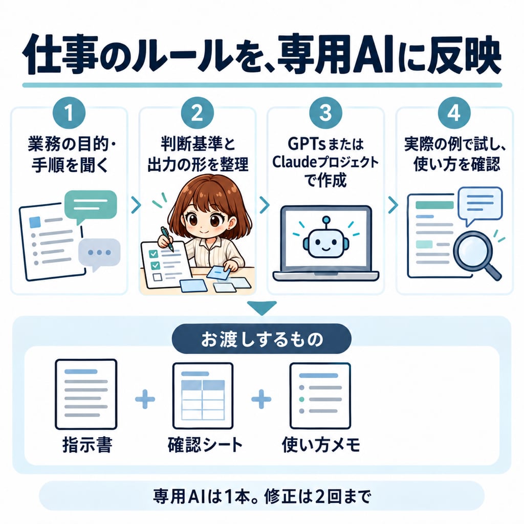 毎回の指示がいらなくなる、業務専用AIを作ります 毎回の指示が減り、誰が使っても品質がそろいやすく｜初心者OK イメージ2
