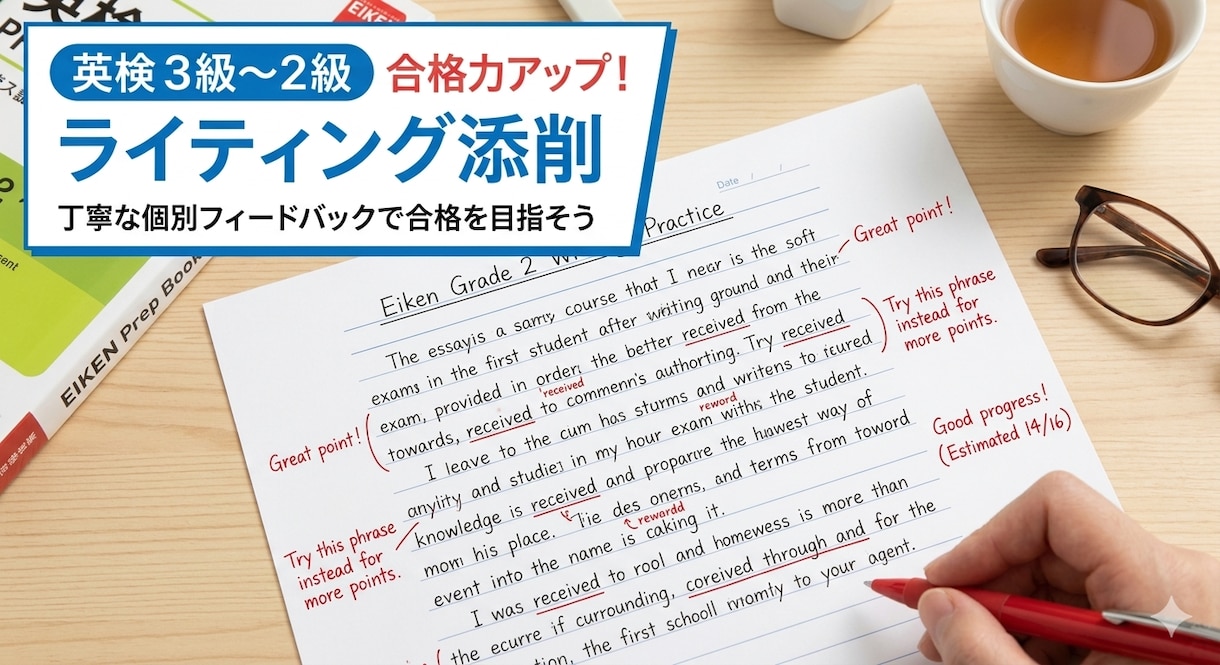英検3級から2級のライティングを丁寧に添削します 初心者歓迎！一人ひとりに合わせた丁寧な解説をいたします。 イメージ1