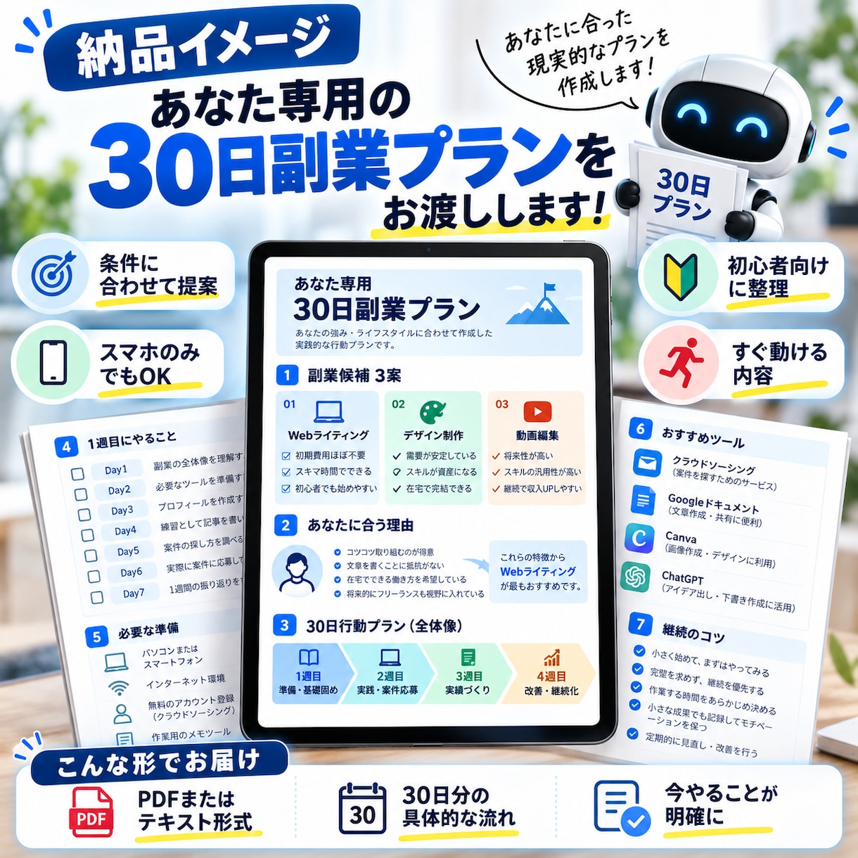 副業初心者向け30日行動プランをAIで作ります 副業初心者の「何から始める？」を30日行動にします イメージ2