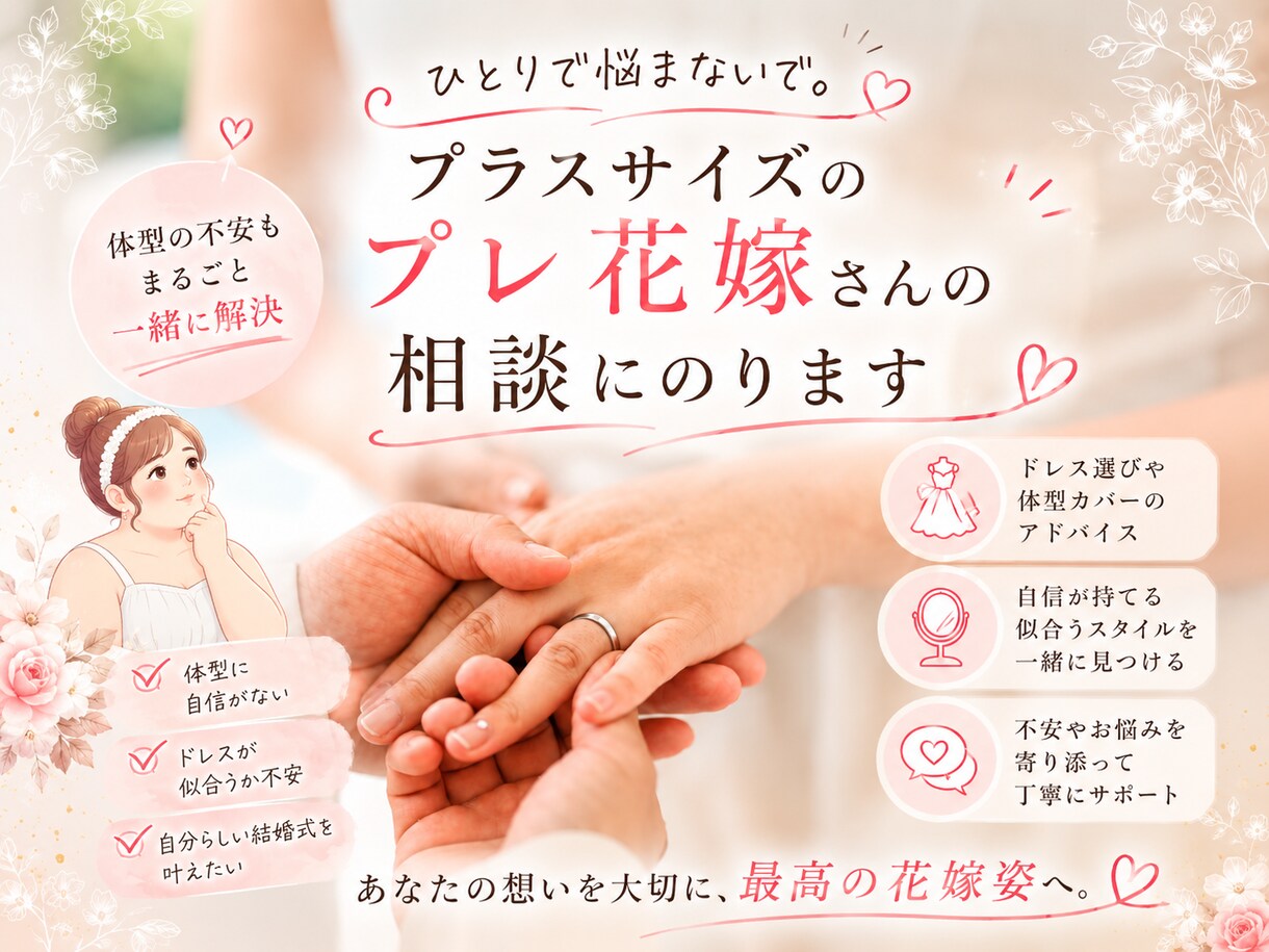プラスサイズのプレ花嫁さんのお話を聞きます 元CAの85kgぽっちゃりプレ花嫁にお話を聞かせてください！ イメージ1