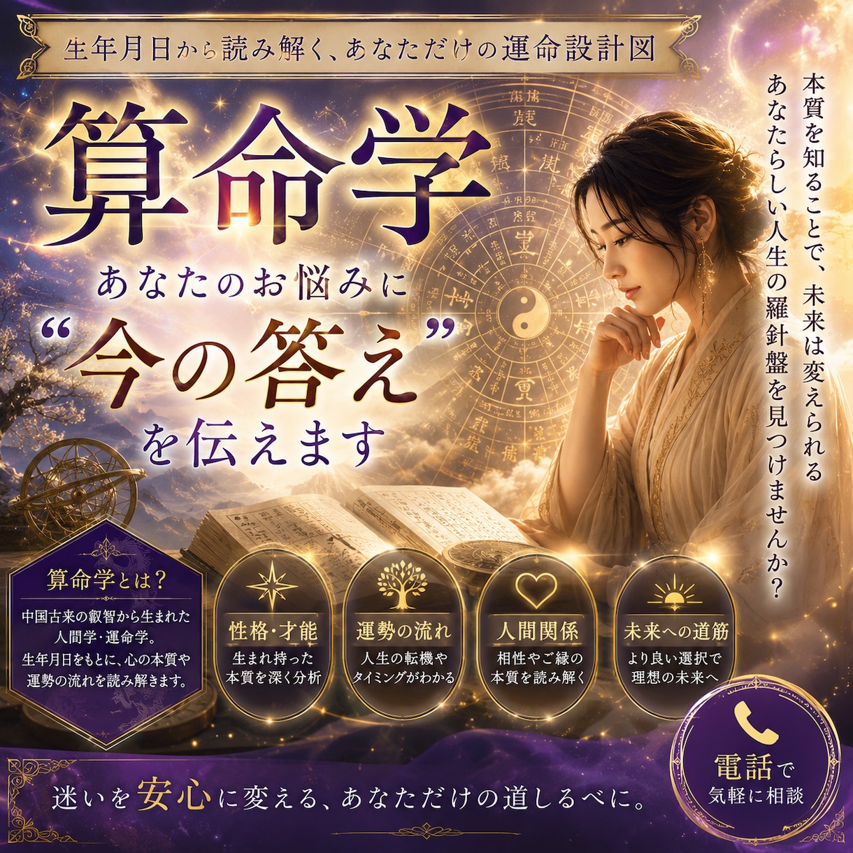 算命学｜電話であなたのお悩みスッキリ解決します ～仕事・恋愛・結婚・人間関係～起こすべき行動をお伝えします。 イメージ1
