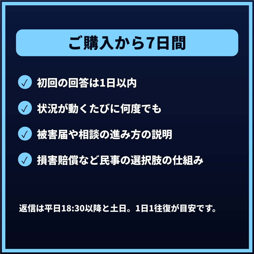 被害届を出すべきか迷っているあなたへ7日間応じます 【最長1週間】まだ相談できていない方も、損害賠償に迷う方も イメージ3