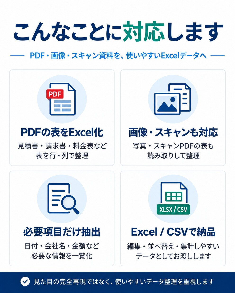 PDF・画像の表をExcelに整理します 必要項目の抽出・複数資料の一覧化にも対応します イメージ2