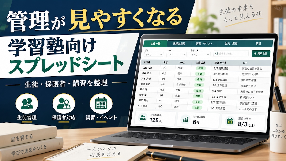 学習塾向けスプレッドシートを整えます 生徒・保護者・講習管理を使いやすくします イメージ1