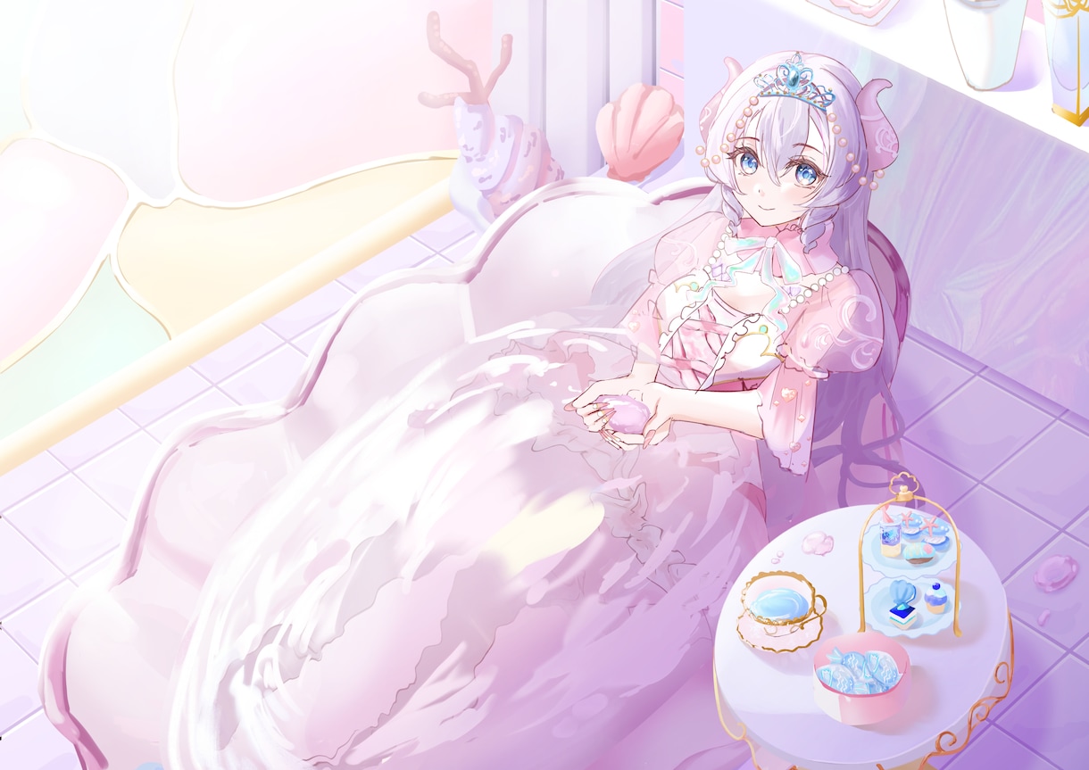 少女メインのラブリーなイラスト制作します 背景アリ対応可◎小物多めのごちゃっとしたイラストなど！ イメージ1