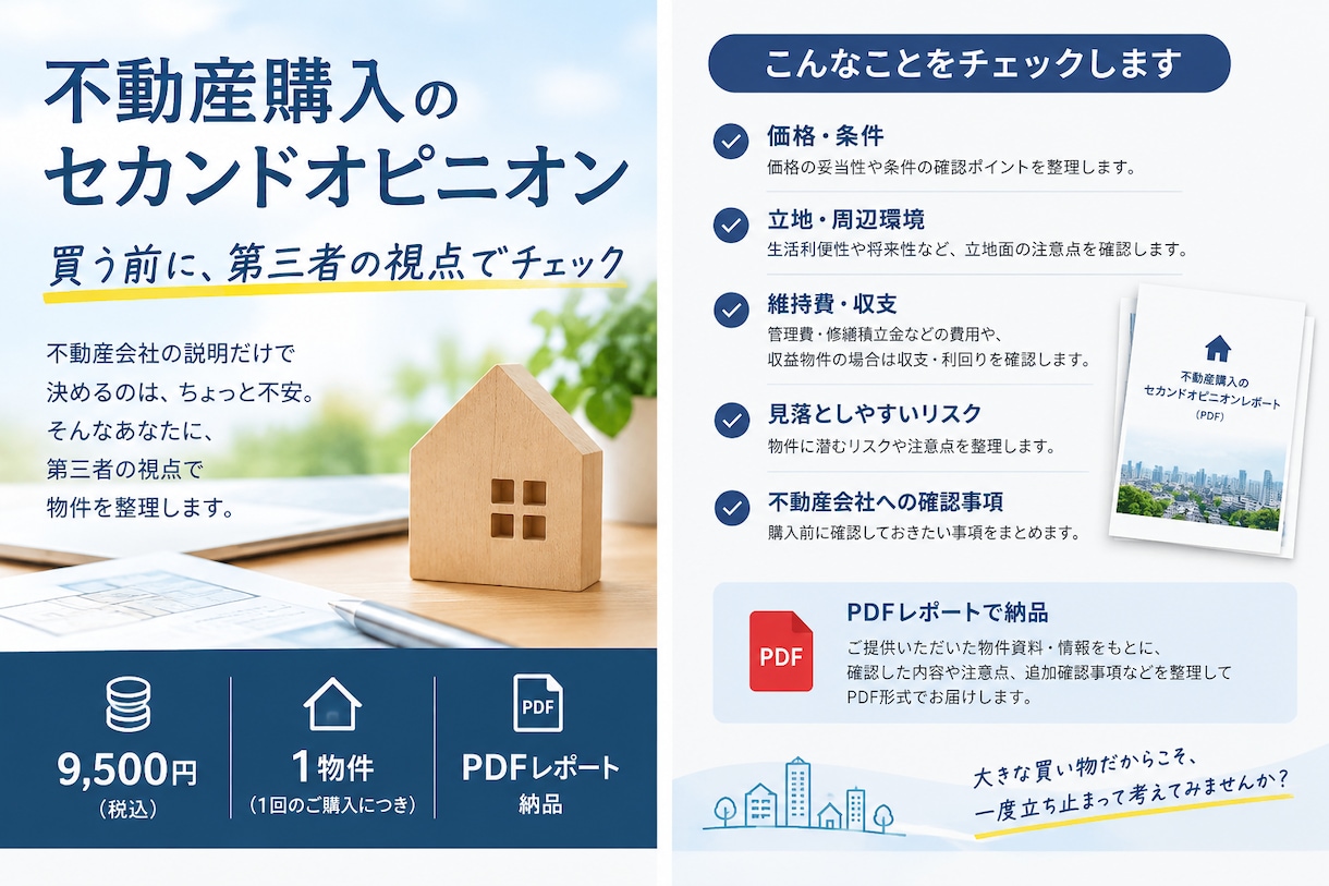 不動産購入のセカンドオピニオン｜第三者が確認します 買う前に、第三者の視点で物件をチェックします イメージ1