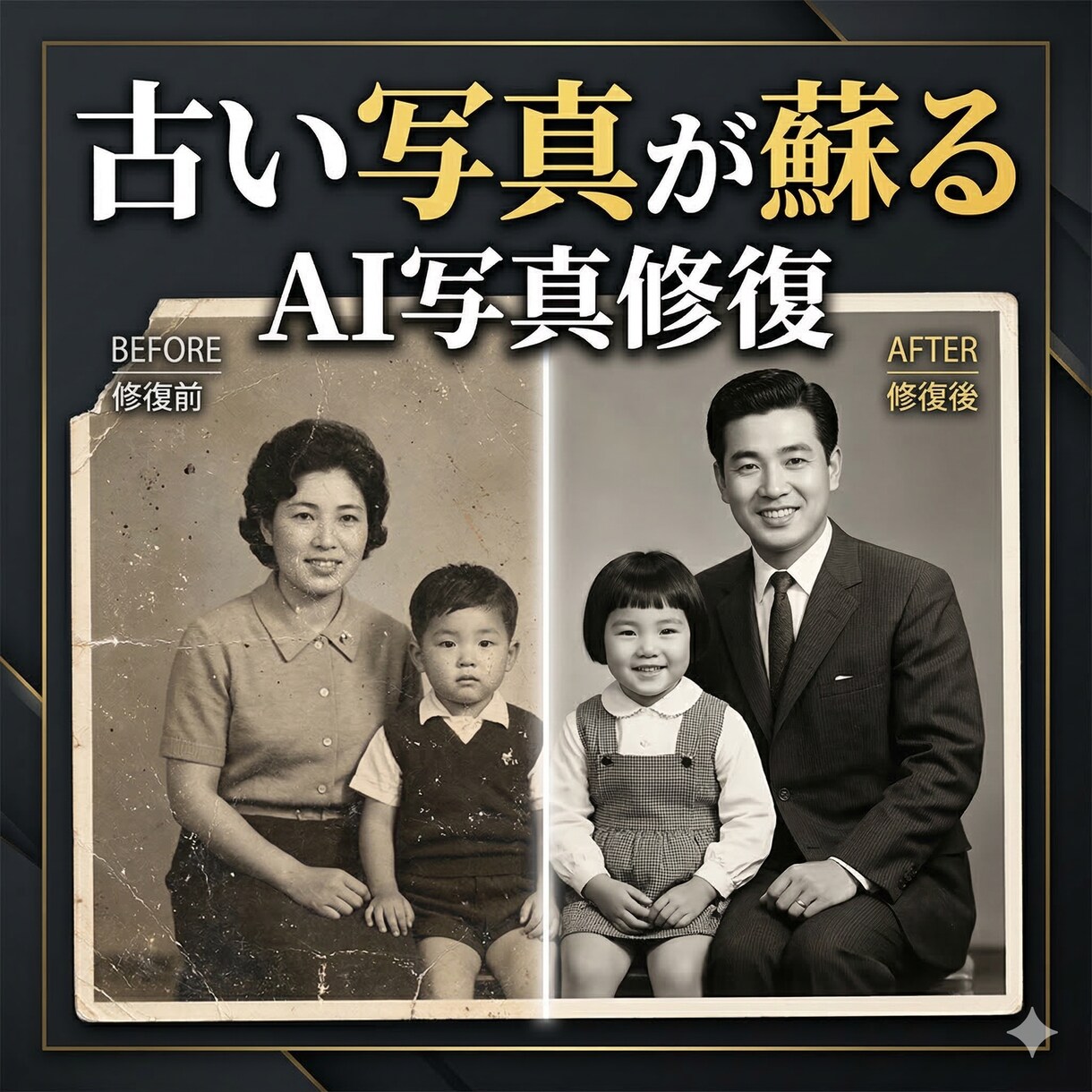 古い写真をAIで修復し 思い出の写真を蘇らせます 傷んだ古い写真をAI技術で綺麗に修復します イメージ1