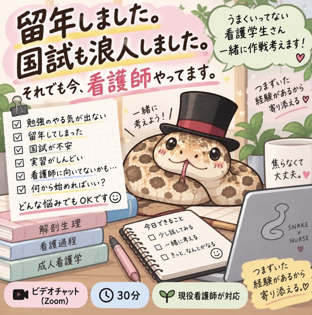 留年・国試浪人経験者が看護学生の悩みを聞きます 留年も浪人も経験済み。一緒に立て直し方を考えます イメージ1