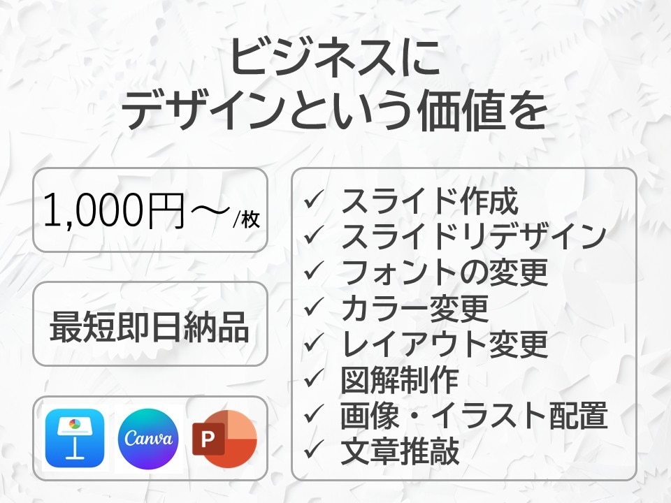 パワポのスライド作成、リデザインいたします プレゼン、営業資料の作成をプロに任せてみませんか？ イメージ1