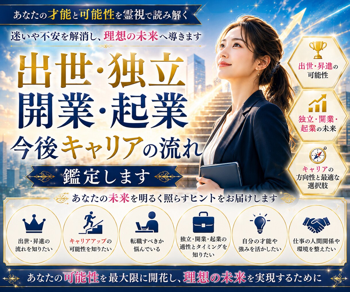 出世・独立・開業・起業今後キャリアの流れ鑑定します 才能と可能性を読み解き、仕事の未来をより良い方向へ導きます イメージ1