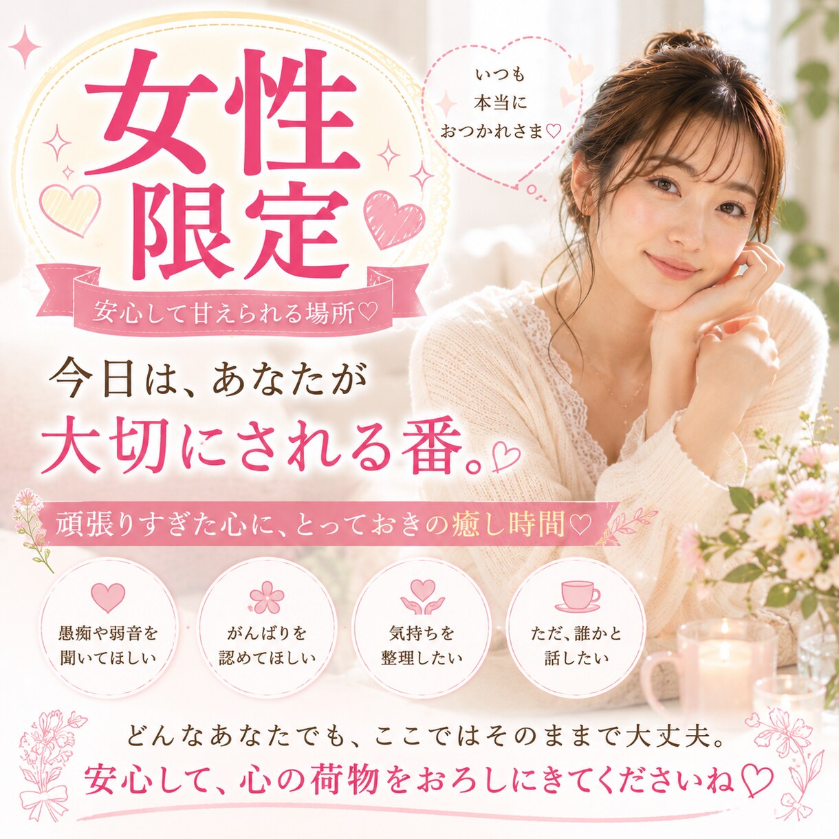 女性限定♡いつも頑張るあなたの味方になります 気疲れ・我慢・人間関係…今日はあなたが労われる時間です イメージ1